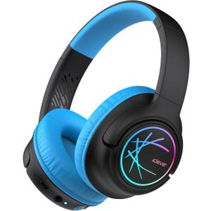 iClever Kids Bluetooth Headphones with LED Lights, BTH18 Safe Volume 74/85dBA, 43H Playtime, Bluetooth5.3 Kids Headphones Wireless Aux Cord for iPad Tablet Travel School, Black
