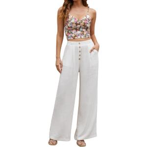 SVALIY Women Flowy Pants Cotton Linen Wide Leg Palazzo Pants Long Lounge Slacks High Waist Button Trousers Pocket (XL)