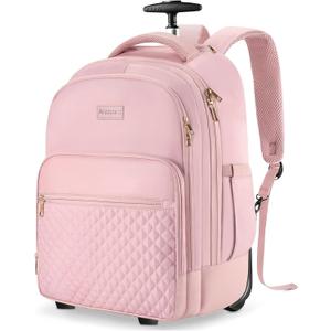 Arcoyard Rolling Backpack Carry On Luggage For Adults With Wheels, 40L Wheeled Backpack For Women, Travel Roller Backpack, Rolling Bag, Pink, 17-inch