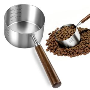Aosnare Stainless Steel Dog Food Scoop 1 Cup, Dog Food Measuring Cup With Measuring Lines (Cup/ML) & Long Wooden Handle, Metal Pet Food Scoop For Dogs, Cats and Kitchen Use, Dishwasher Safe