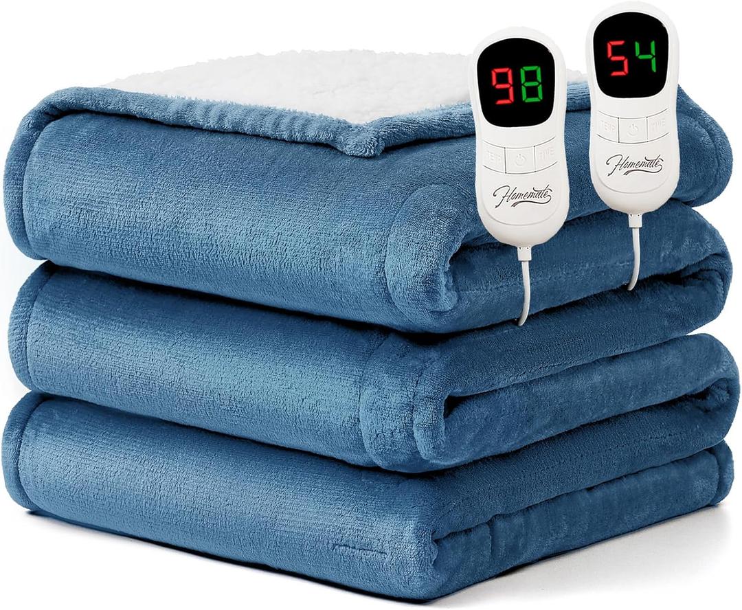 Homemate Electric Heated Blanket Queen Size - 84"x90" Heating Blanket Queen Size Dual Control 1/2/4/6/8 Hours Auto-Off 10 Heat Level Over-Heat Protection Flannel Sherpa ETL Certification (08 - Light Blue)