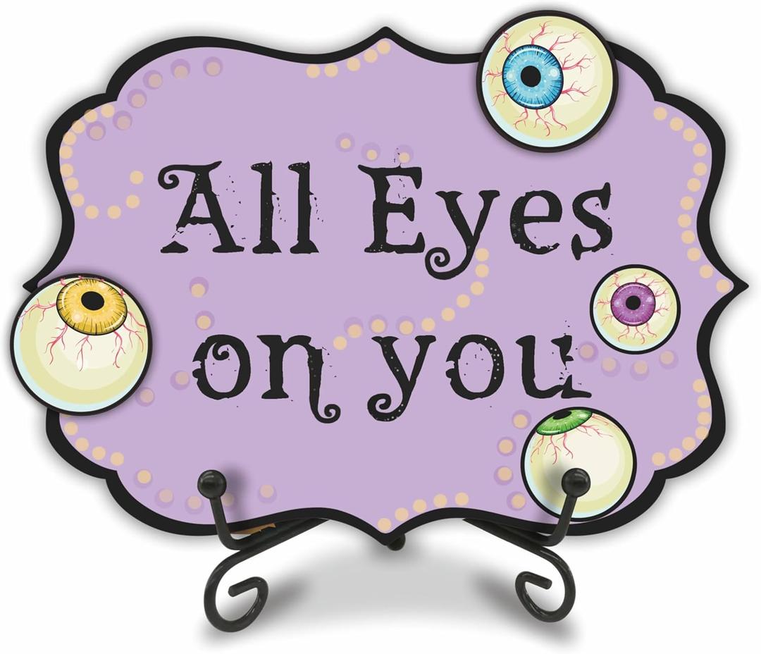 2 x Halloween Spooky Wooden Decoration & Gift -All Eyes On You Sign With 2 DIY Stickable Wood Decor & A Metal Support-Horror Wooden Home Bar Decoration-Halloween Party Welcome Decor-A07