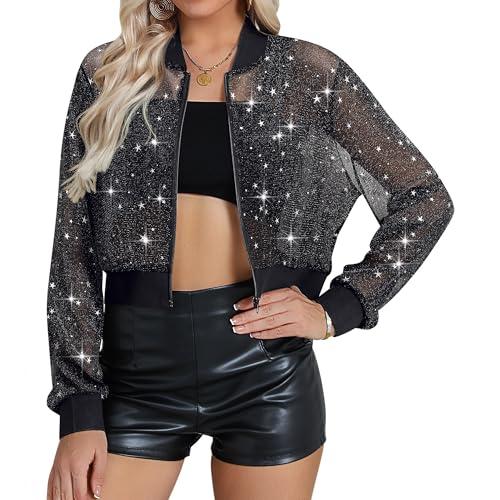 Nlife Women Sheer Mesh Sparkly Crop Bomber Jacket See Thru Glitter Rave Festival Clubwear Night Out Party Concert Outfit Size Medium