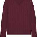 ZAFUL Women's V Neck Cable Knit Sweater 2025 Fall Pullover Long Sleeve Ribbed Loose Top Casual Outfits (Wine Red)