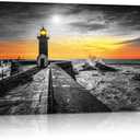 Kalormore Black and White Lighthouse Wall Art Coastal Sunset Picture Ocean Seascape Canvas Prints Landscape Beach Nature Paintings Living Room Bedroom Skyline Nautical Scenery Artwork