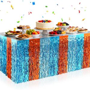 2 Pack Foil Table Skirts Fringe Table Banner Decorations, Rectangle Round Tables Curtains Streamer Backdrop for Birthday Baby Shower Wedding Engagement Holiday Graduation Party Supplies (Blue)