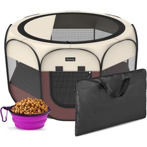 Portable Pet Playpen, 8-Panel Indoor/Outdoor Puppy Pen with Shade Cover & Travel Bag - Waterproof Dog Cat Tent Includes Collapsible Bowl (Brown)