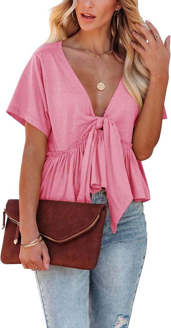 Fanway&EC Women's Short Sleeve V Neck Blouses Ruffle Hem Tie Front Crop Tops Lightweight Basic Summer Tops, XXL