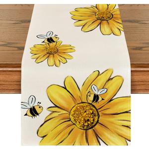 Artoid Mode Beige Bee Sunflower Summer Table Runner, Seasonal Spring Flowers Kitchen Dining Table Decoration for Home Party Decor 13 x 90 Inch