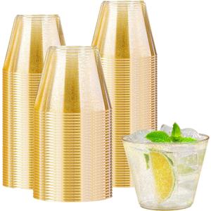 Lamosi 100 Pack 9 oz Gold Plastic Cups, Disposable Gold Glitter Plastic Cups, Fancy Clear Plastic Cocktail Cups for Wedding, Thanksgiving, Christmas, Parties