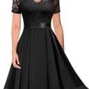 MISSMAY Women's Vintage V-Neck Floral Lace Contrast Chiffon Prom Party Dress (Black, XL)