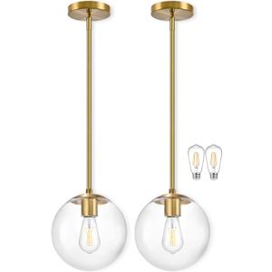 Bagood 10" Globe Pendant Light Gold 2 Pack Mid Century Pendant Light Globe Pendant Lights Kitchen Island Brushed Brass Finished with Clear Glass Adjustable Ceiling Light Fixtures for Dining Room Bar