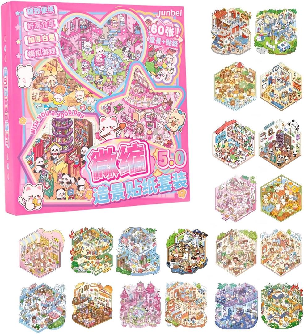 20 Sets 3D Sticker Scene Craft Kit Adult Creative Relaxation Activity,Build Decorative Miniature House & Landscape Scenes with Reusable Stickers (Pink)