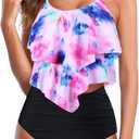 Womens Tankini Swimsuits Ruffled Tank Top Tummy Control Floral Modest Swimwear High Waisted Bikini (Medium, Tie Dye Pink)