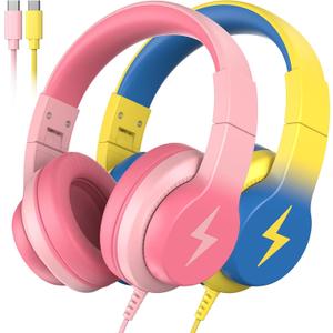 Kids Headphones for School 2 Pack,USB C Headphones for Kids,85dB Volume Limiter,HD Stereo Sound,Comfortable Fit,Adjustable&Foldable,Ideal for Learning/Travel/ iPad/Tablet/PC-Gradient Pink+Light Yellow