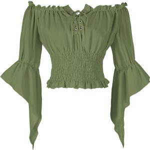 Womens Renaissance Peasant Blouse Off Shoulder Trumpet Sleeve Tops (Small, Green)
