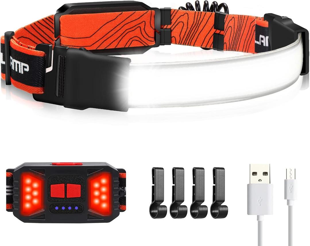 Adelante LED Headlamp Flashlight, 1000LM 230Wide-Beam Rechargeable Head Lamp for Adults, Red Taillight & 4 Clips Waterproof Hard Hat Light Headlamps for Running Hiking and Camping