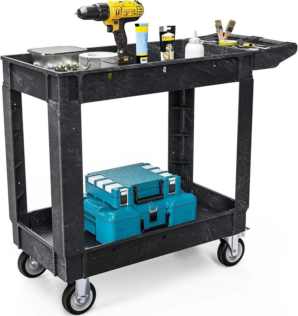 DWVO Utility Cart, 1000 lbs Capacity, 2 Shelf Heavy Duty Plastic Service Utility Cart on Wheels, Rolling Storage Work Carts Suitable for Warehouse, Garage, School & Office, Cleaning, Black (40"x17")
