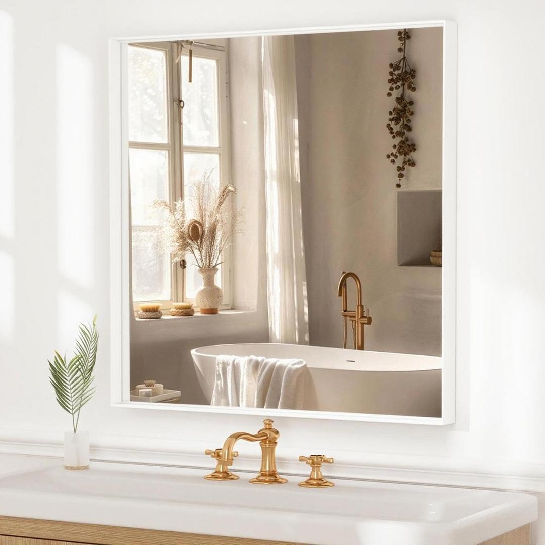 36x30 Inch White Bathroom Mirrors for Over Sink, Rectangle Framed Mirror, Wall Mounted Vanity Mirror for Bedroom, Living Room, Entryway Horizontal/Vertical