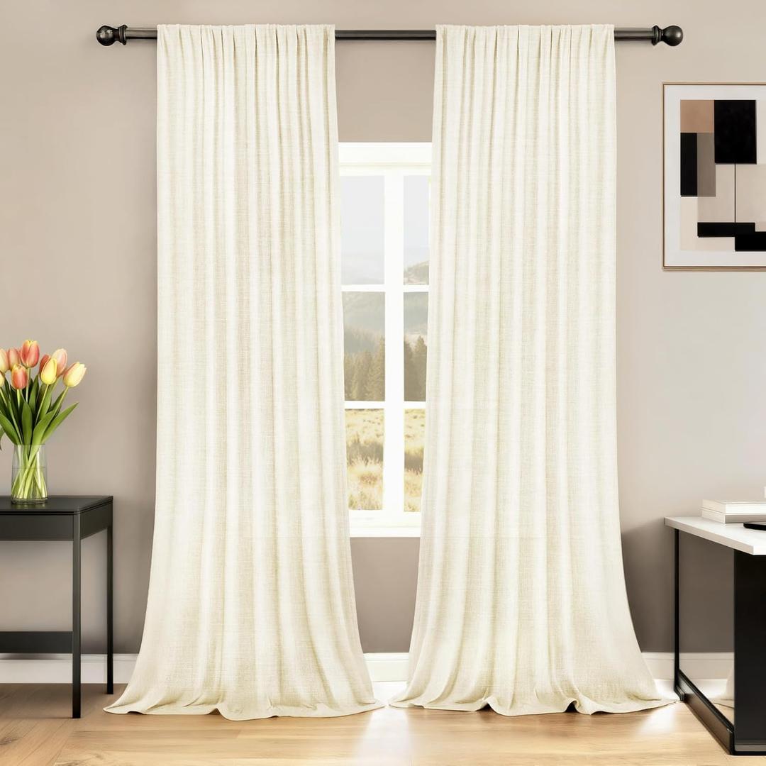HESTIA White Linen Back Tab Curtains 96 Inches Long Light Filtering Rod Pocket Curtain 2 Panels Semi Sheer with Privacy Farmhouse Boho Drapes for Living Room Bedroom (52" W x 96" L)