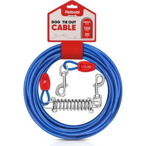 Petbobi Dog Tie-Out Cable 30ft -Heavy Duty Dog Lead Up to 120 lbs, Outdoor Leash Metal Cable with Shock Spring 360 Swivel Clips, for Yard Camping, Fit Small Medium Large Pets, Blue
