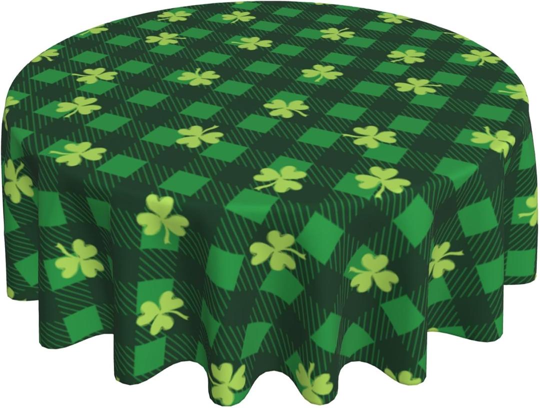 St Patricks Day Tablecloth 60x60 Inch Round Buffalo Plaid Shamrock Table Cover Waterproof Wipeable for Kitchen Restaurant Home Parties Holiday (Green)