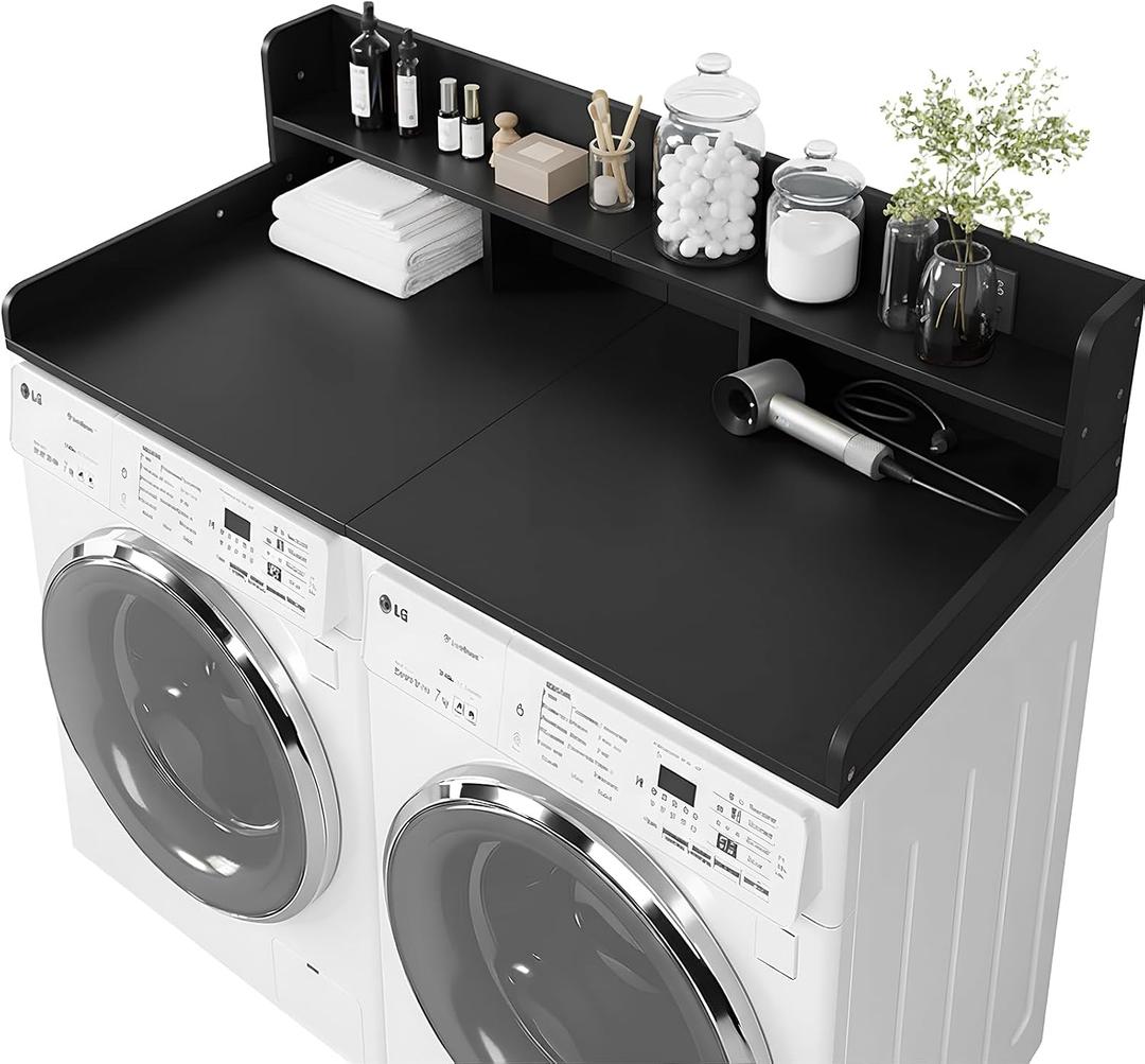 Washer Dryer Countertop with Shelf, 2-Tier Laundry Countertop Over Washer and Dryer, 54" x 27.55" Wooden Table for Folding Clothes for Laundry Room Organization and Storage (Black)