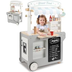 Wooden Food Truck Playset for Kids, Pretend Play Kitchen with Serving Window, Chalkboard Menu, Bell & Role Play Accessories, Imaginative Food Cart Toy for Boys and Girls Ages 3+