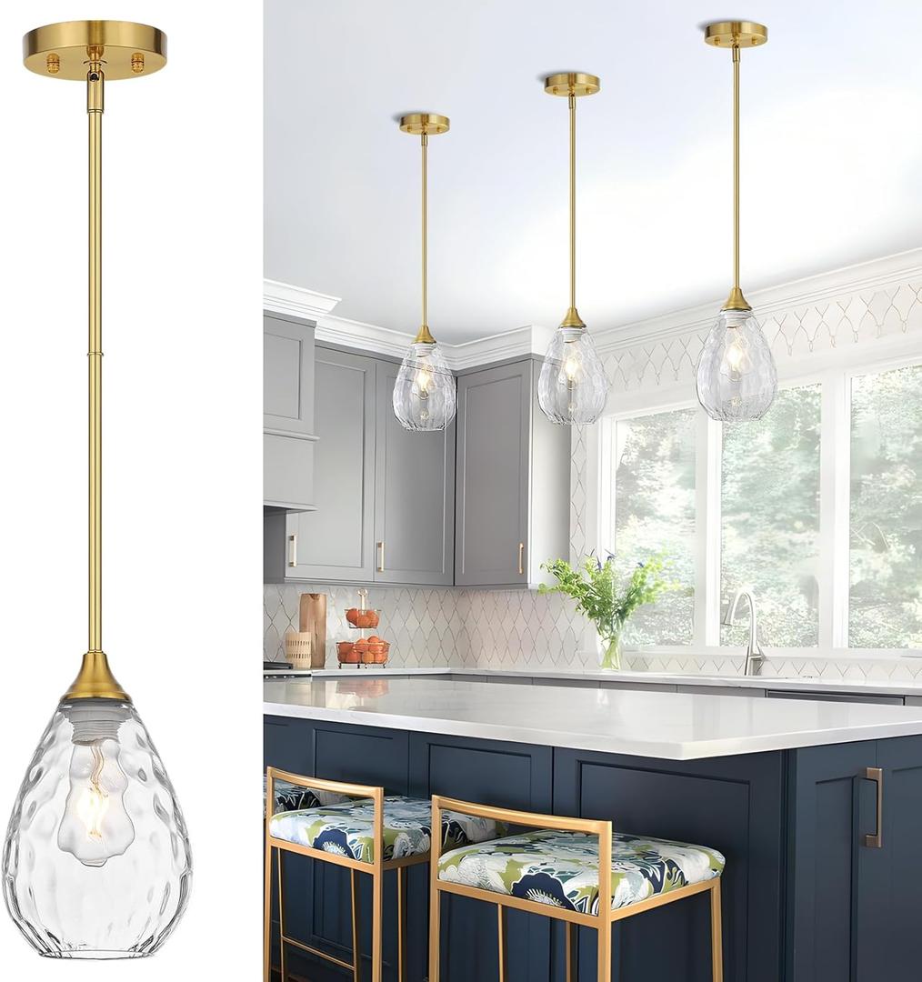 Glass Pendant Lights Kitchen Island, 1-Light Modern Brushed Gold Pendant Light Fixtures with Hammered Glass and Rods, Small Hanging Light for Kitchen Sink Dining Room Bathroom
