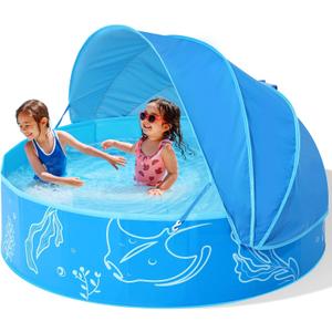 Foldable Kiddie Pool with Canopy: 47in Baby Pool and Beach Tent for Toddlers Infants 6-12 Months and Kids 2-4 Years Old - Portable Water Play with Shade for Outdoor Backyard Beach (Blue-Blue)