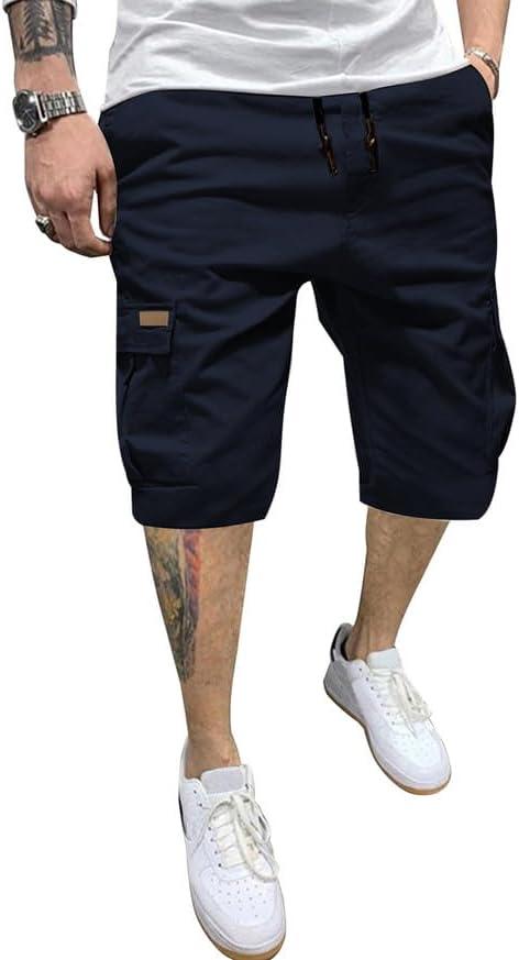 JMIERR Mens Casual Twill Cargo Shorts Cotton Drawstring Classic Cargo Stretch Short with 6 Pockets (3X-Large, Blue)
