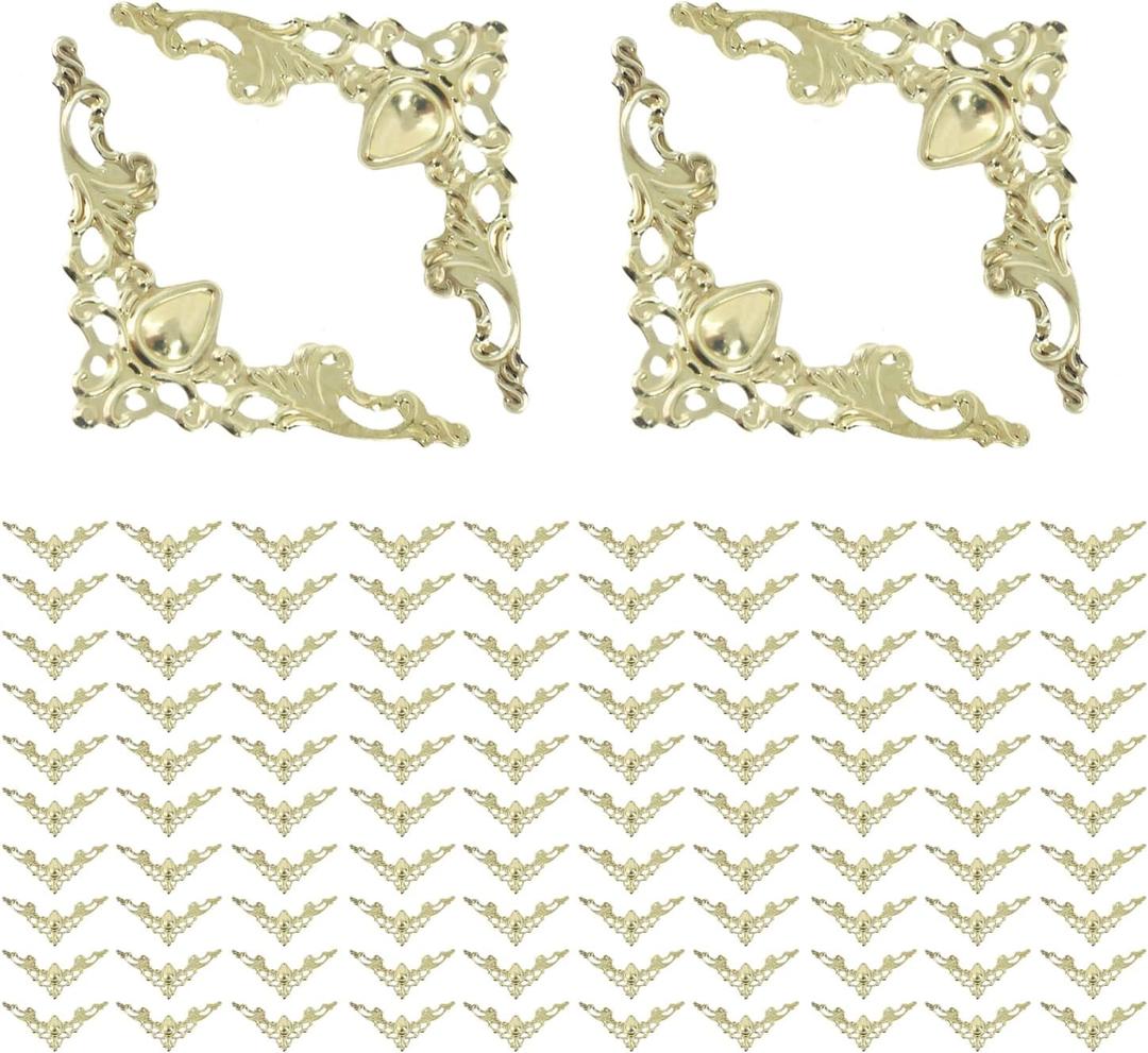 Geesatis 100-Pack Antique Gold Corner Protectors - Decorative Edge Guards for Photo, Books, Albums, Jewelry Boxes & Gifts (1.6x1.6x2.2 inch) - Rustic Vintage Craft Supplies