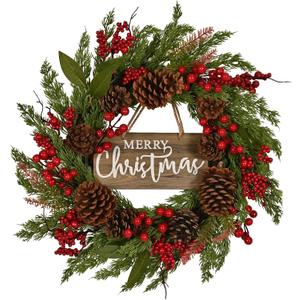 20 Inch Christmas Wreath with Pinecone Berries Christmas Decorations Front Door Wreath for Outdoor Indoor Party Wall Table Home Decor Brown Sign