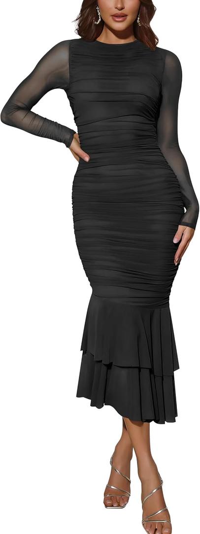 Atizon Elegant Ruched Bodycon Evening Dresses for Women Cocktail Party Formal Maxi Mermaid Dress (Large, Black)