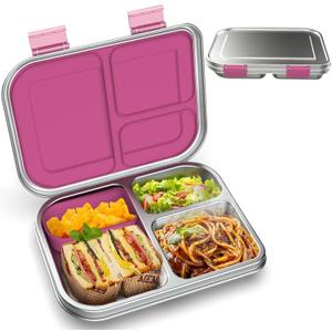 BOSEDSANG Stainless Steel Kids Leak-Resistant Bento Lunch Box, 3-Compartments with Silicone Container, Dishwasher-Safe, Child-Friendly Design for School, Picnics & Travel,BPA-Free (Pink)