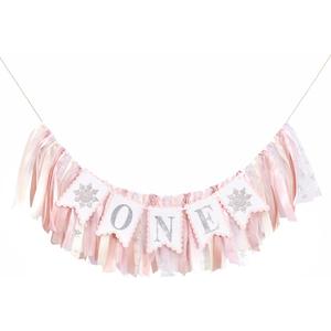 Snowflake One High Chair Banner - Girl's 1st Birthday Party Banner, Winter Wonderland Decorations, Smash Cake Photo Props, Pink