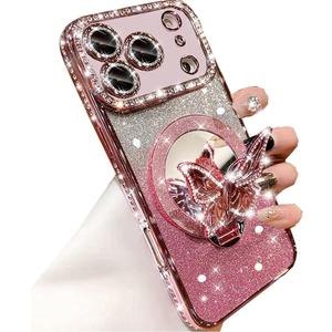 Magnetic Glitter Case for iPhone 17 Pro Max,[Compatible with MagSafe] Bling Sparkly Diamond with Camera Protector&Butterfly Kickstand&Makeup Mirror Women Girls Case for iPhone 17 Pro Max,Pink