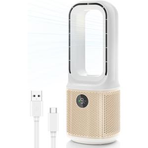 Desk Fan, Small Quiet Bladeless Fan with 9 Speed Adjustment & 3 Light Modes, 14 Inch USB Rechargeable with 5000mAh Battery, 60 Oscillating Cooling Fans for Office, Living Room, Bedroom White (Beige)