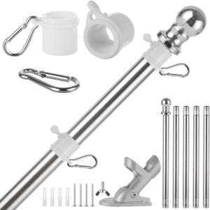 6 FT 1" Flag Poles Kit for Outside House, Aluminum Alloy Tangle Free Rings, Flagpole Kits with Bracket Holder & Rotating Flag Rings, Metal Flagpole Kit for Residential, Outdoor or Porch Silver