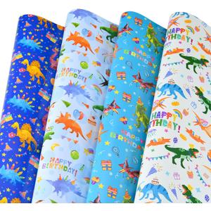 2 x Titiweet Dinosaur Birthday Wrapping Paper, 6 Large Sheets, 39.4 x 27.6 Inches Each, Dinosaur Birthday Gift Wrap