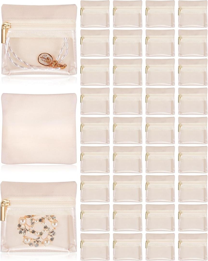 Uiifan 36 Pcs Travel Jewelry Bag Bulk Zipper Jewelry Pouch Flannel Portable Pocket Organizer for Necklace Earring Women Gift (3.94 x 3.94 Inch, Beige)
