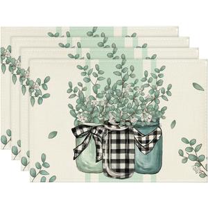 Artoid Mode Eucalyptus Buffalo Plaid Spring Placemats Set of 4, 12x18 Inch Vase Seasonal Table Mats for Party Kitchen Dining Decoration (Beige/Green)