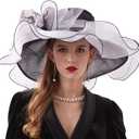 Women's Derby Church Hat Bridal Tea Party Wedding Party Sun Hat with Detachable hat Flower as Fascinators, White
