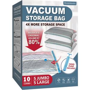 Roomimaster Vacuum Storage Bags, Vacuum Seal Space Saver Bags for Clothing, Travel Lugggage, Carry-on, Blankets, Comforters, Pillow, Bedding, 10 Combo