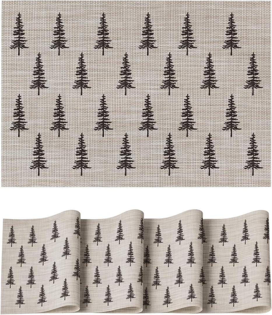 Artoid Mode Xmas Tree Christmas Vinyl Placemats Set of 4, 12x18 Inch Wipeable Winter PVC Woven Table Mats for Party Kitchen Dining Decor (Beige)