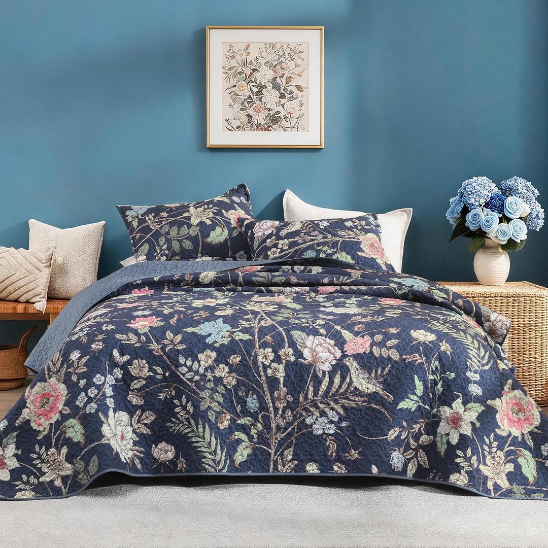 Litanika Floral Ocean Blue Quilt - 3Pcs Botanical Birds Pattren Bed, Super King