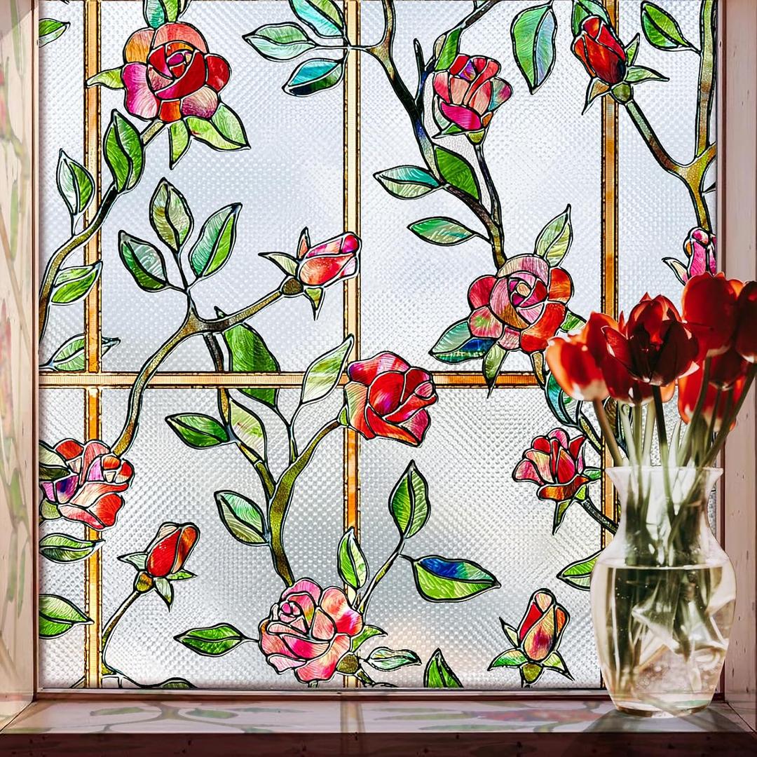 Beautsaid Window Privacy Film Stained Glass, Rainbow Window Film Decorative for Bathroom, Peel and Stick Window Cling Removable(Rose,23.6 x 78.7 inch)