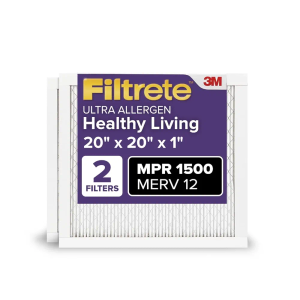 Filtrete 20x20x1 AC Furnace Air Filter, MERV 12, MPR 1500, CERTIFIED asthma & allergy friendly, 3 Month Pleated 1-Inch Electrostatic Air Cleaning Filter, 2-Pack (Actual Size 19.69x19.69x0.78 in)