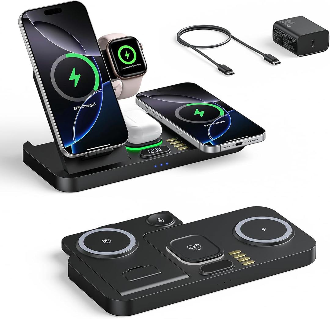 Foldable Magnetic Dual Phone Charging Station, 30W Wireless Charger Stand with Clock & Night Light, Fast Mag-Safe Charger for iPhone 17/16/15/14 Pro Max Plus Air, AirPods and Apple Watch