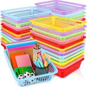 Aodaer 36 Pack Classroom Storage Baskets Bins Back to School Supplies Plastic Desktop Storage Tray 13.5 x 10 x 3 Inch Stackable Organizer Baskets Colorful Organizer Trays for Classroom Office Decor